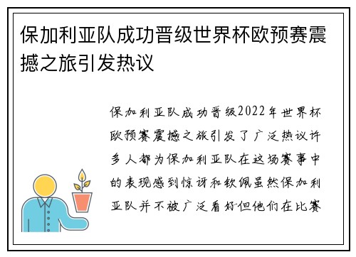 保加利亚队成功晋级世界杯欧预赛震撼之旅引发热议 保加利亚队成功晋级世界杯欧预赛震撼之旅引发热议