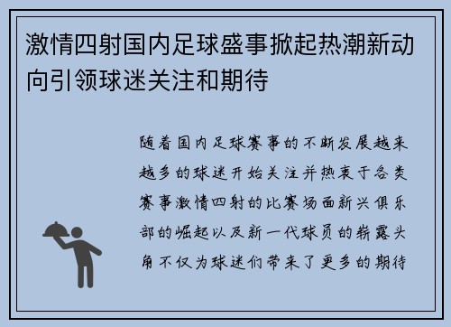 激情四射国内足球盛事掀起热潮新动向引领球迷关注和期待 激情四射国内足球盛事掀起热潮新动向引领球迷关注和期待