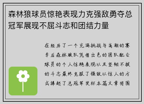 森林狼球员惊艳表现力克强敌勇夺总冠军展现不屈斗志和团结力量 森林狼球员惊艳表现力克强敌勇夺总冠军展现不屈斗志和团结力量